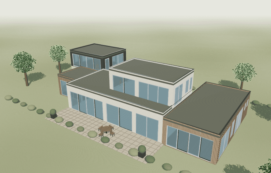 The same Fenestry house, camera and lighting with white exterior frames